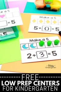 These low prep centers for kindergarten are perfect for busy teachers! These free kindergarten centers - two reading, two math - are so easy to prep that you can easily have them ready to go for your centers time tomorrow!