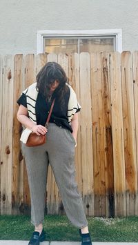 secondhand sustainable plus size midsize style • thrifted (chef?) pants with tailored cuffed hem, sustainable fashion brand tradlands camp shirt and sweater, madewell camera bag, maguire sinatra loafers • transitional spring fall outfit • size 16/18