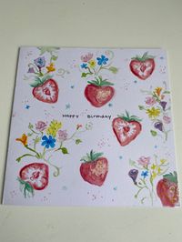 Watercolour birhtday card if strawberries and flowers