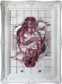 handiedan, 2017 | ceramic tableau, burned/baked print on 43 ceramic tiles in ornamental frame | tile size 10x10, 20x10 and 30x10