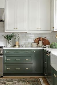 Unlock the secret to a stylish modern farmhouse kitchen with these two-toned cabinet inspirations. Explore different color schemes that blend tradition with modernity including dark green lower cabinets and white upper cabinets. Plenty of kitchen cabint color ideas!