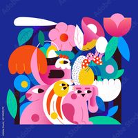 Stock Image: Magic Illustration for Happy Easter Day. Bunnies, festive eggs, a ladybug that symbolizes spring and many, many fabulous flowers.