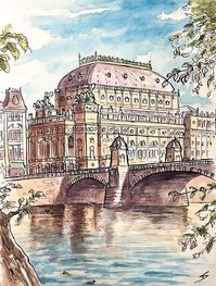 Urban Watercolor painting – Střelecký Ostrov, Prague, Czech Republic. ‘Watercolor painting of the view of Narodní Divadlo from Strelecky Ostrov.’