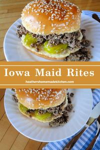 Close up view and top view of Iowa Maid Rites with pickles on white round plate.