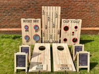 HIRE ONLY - High Quality Large Outdoor Games, Wedding Entertainment. Games include - Chip N Golf, Ring Toss, Hoops and Crosses, Cornhole, Ring a Bell and Bucket Shot. All of our games come with their own matching sandwich board explaining the game rules and the scoring. All game accessories are included such as rope hoops, foam golf balls, golf clubs and beanbags. A fantastic addition for Weddings, Birthdays and Events! Our games have been designed and made to the highest quality. All titles and components have been individually lasercut from acrylic. Available in Staffordshire and Surrounding counties (just ask). Delivery available 2 hour radius from Brewood. Prices start from £300 depending on venue location. *A damage deposit will be taken 7 days prior to the event and refunded 48 hours