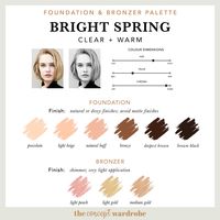 the concept wardrobe | Foundation & Bronzer Palette for Bright Spring. A comprehensive guide to the Bright Spring make-up palette. Bright Spring is the combination of clear and warm in the seasonal colour analysis. Find out which make-up colours look best on the brightest of the 12 seasonal types.