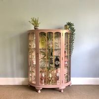 Upcycled Vintage Glass Drinks Cabinet, Hand Painted In Damask Pink & Gold, Decoupaged Art Deco Geometric Tropical Cocktail Display Cabinet | Vinterior