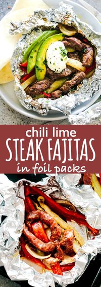 Chili Lime Steak Fajitas in Foil Packs - Tender, flavorful, and very easy to make Chili Lime Steak Fajitas prepared in foil packs! This no fuss, fresh, and seriously delicious steak fajitas recipe is sure to be a major hit! #foilpackdinner #steak #fajitas #lowcarb #keto #dinnerrecipes