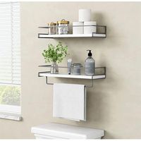 The wall shelves are made of high-quality painted pine wood with a waterproof feature (Dimension: 6" D x 15.7" L x 2.6" H). The durable metal bracket with a guard rail around it that prevents anything from falling. The floating shelves are durable enough to bear a capacity strong up to 30 lb in solid drywall or concrete wall. The floating shelves With 1 towel bar. The wall shelf organizer can hold toiletries, shampoo, lotions, conditioner, and essential oil in the bathroom. The wall shelf organi