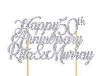 "Happy 50th Anniversary" Cake Topper personalized with the couple's first names, in elegant calligraphy script. Perfect for wedding anniversary, golden anniversary, vow renewal, anniversary cake, anniversary party, decorative centerpieces, etc. Available in a variety of glitter and metallic foil colours.