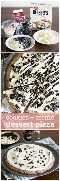 Cookies & Creme Dessert Pizza -- A cookies and creme cookie base topped with creamy frosting, chocolate chips and crushed Oreos. Are you drooling yet? girlversusdough.com @girlversusdough