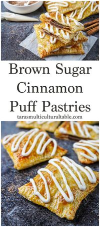 A recipe for Brown Sugar Cinnamon Puff Pastries- Tara's Multicultural Table- Puff pastry rectangles are filled with cinnamon brown sugar and topped with a thick vanilla icing.