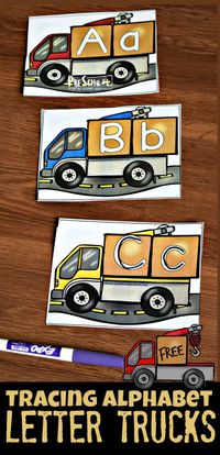 FREE Tracing Alphabet Letter Trucks- Kids will have fun practicing writing letters and matching upper and lowercase letters in this fun alphabet activity for preschool and kindergarten age kids with a construction theme #alphabet #preschool #kindergarten