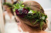 Flower crown | floral crown | may queen | bridal crown | bride | wedding day | getting ready | ceremony | wedding ceremony | scabiosa | eucalyptus | thistle | plumosa | wedding hair | wedding crown | smokebush | getting married | wedding ideas | bride inspiration | wedding photography | purple wedding colors| purple floral | wild floral design | textural | floral design | milwaukee florist  | milwaukee wedding | wedding season | wedding makeup | getting ready photo ideas | hair flowers |