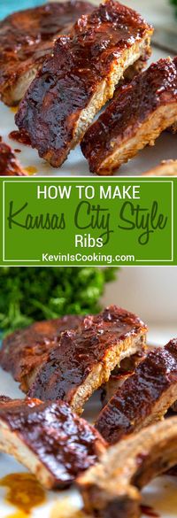 Kansas City Style Ribs are typically characterized by the thick, sticky sauce brushed on in the last 30 minutes of cooking. The dry rub and sauce are on the sweet side using a brown sugar base, but are balanced with chili powder and pepper, producing some truly finger licking good ribs. #ribs #KansasCityStyle #BBQ