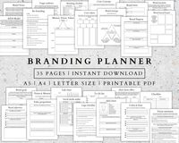 Branding Planner Binder Online Business PDF Personal Business Organizer Printable Brand Strategy Business Sheets Etsy Plan A5 A4 letter size This is a printable Premium BRANDING PLANNER to manage your business goals and to help achieve your goals.  Completely perfect for home and office use. Organizing your brand and your budget is the first, big step to leading a productive working process and best results.  This minimalist planner will help you get organized and get the most out of your expensive time. FOR COMBO PLANNERS https://www.etsy.com/shop/LOOKINTOUS?ref=dashboard-header&section_id=45056394 YOUR PURCHASE INCLUDES * You receive 35 printable planner pages in PDF format. - A5 size (5.8 x 8.3 in ~ 148 x 210 mm) - A4 (8.3 x 11.7 in ~ 210 x 297 mm) - US Letter size (8.5 x 11 in ~ 216 x