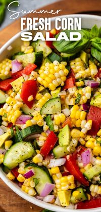 Our corn salad adds in other summer garden favorites with cucumber and tomato. A little onion is added for bite. Avocado gets thrown in for creaminess. Then it’s all about those fresh herbs and a simple vinaigrette.