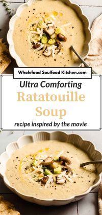 Inspired by the unforgettable soup moment in Disney's "Ratatouille," this recipe blends earthy potatoes, leeks, and mushrooms with a mix of herbs which results in a creamy ratatouille soup, reminiscent of Remy's culinary artistry.