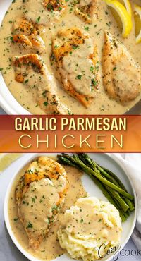 This Garlic Parmesan Chicken recipe an easy dinner you'll want to keep in the rotation! It has a mouth-watering sauce with plenty of garlic, freshly shredded Parmesan cheese, white wine, and the best seasonings. 