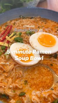 “Need a speedy meal? Try this 5-minute Ramen Soup Bowl!   LIKE, SAVE, SHARE the reel   1 clove of garlic chopped Small piece of Ginger chopped (half a cm) Half a Red chilli chopped 1 tbsp of chopped Coriander 🌿 2 tbsp of Spring onions chopped 1 tsp Red chilli powder 1 tsp Sesame seeds 1 tsp Salt or more 2 to 3 tbsp Hot oil  3/4 cup Hot Milk (heat up the milk until it boils & pour directly to the noodle bowl)  1 pack of boiled ramen noodles One soft boiled egg 1 tsp of Sweet chilli sauce or sauce of your choice(optional)   Follow the instructions mentioned on the video.  #ramen #ramennoodles #ramensoup #noodlesoup #quickmeal #easyfood #ramensoup #hotmilk #hotoil #milksoup #ramenlover  @shadi_faleel