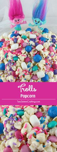 Trolls Popcorn -Trolls love to sing, dance, hug and eat this sweet, salty, delicious popcorn that is chock full of crunchy chocolate candy and colorful sprinkles. This fun popcorn treat would be a fun dessert for a Trolls Movie Night, a Trolls Birthday Party or just a random Saturday night. Pin this easy to make snack for later and follow us for more fun Popcorn recipe ideas.