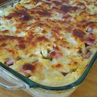 Baked Rigatoni. So yummy! I use a package of Canadian bacon for the ham.