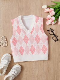 Tween Girl Argyle Pattern Sweater Vest Multicolor Casual  Sleeveless Knitwear Geometric Pullovers High Stretch  Tween Girls Clothing, size features are:Bust: ,Length: ,Sleeve Length: