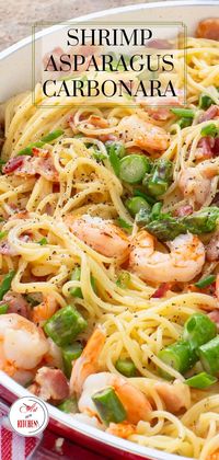 A classic pasta carbonara recipe with tender shrimp and spring fresh asparagus. This creamy pasta dish is quick and easy, making it perfect for those busy weekday dinners.