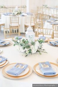 Wedding table decor ideas - place, setting, blue, flowers, lantern, napkins, spring, indoor, greenery {Jessica Ross Photography}