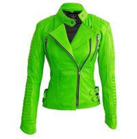 Women's Parrot Spring Green Brando Shoulder Padded Genuine Leather Jacket