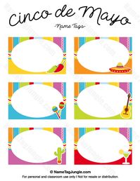 Free printable Cinco de Mayo name tags. The template can also be used for creating items like labels and place cards. Download the PDF at http://nametagjungle.com/name-tag/cinco-de-mayo/