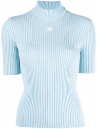 Light blue roll-neck short-sleeved top from COURRÈGES featuring ribbed knit, logo patch at the chest, roll neck and short sleeves.