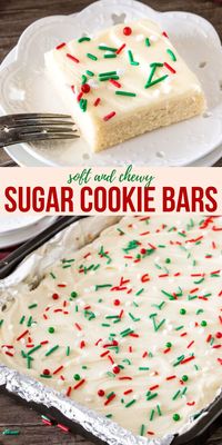 Easy sugar cookie bars are a great Christmas treat. Soft and chewy with creamy frosting #sugarcookies #cookiebars #easy #recipe #christmas #holidays from Just So Tasty