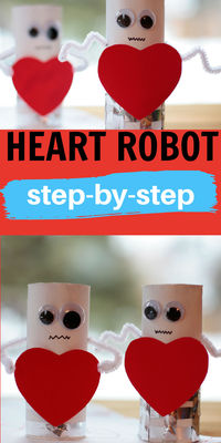 If you are looking for easy Valentine heart crafts for kids to make for Valentine's Day in the classroom with the teacher or at home with the parents and grandparents, these heart robots are a great craft idea. A simple paper roll Valentines craft that uses paper heart. Great Valentine daycare craft for preschoolers. Simple craft for kindergartners and elementary school-aged kids for the Valentine's Day classroom party. Fun Valentine activity for kids.