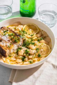 Creamy, brothy white beans cooked in savory chicken stock with lemon, olive oil, and parmesan cheese!