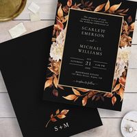 Black Fall Floral Wedding Invitation. This elegant wedding invitation features beautiful hand-painted watercolor burnt orange and terracotta leaves, cream and beige dahlias, and beautiful rust and brown roses on a white background, perfect for an autumn wedding! The back of the invite has a beautiful branch of leaves with the bride and groom's monogram. Find matching items in the Black Autumn Romance Wedding Collection.