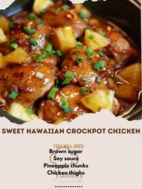 🍍 Savor the tropical sweetness with Sweet Hawaiian Crockpot Chicken! Easy and flavorful! 🍗🍍 #CrockpotRecipes #HawaiianFlavors Sweet Hawaiian Crockpot Chicken Ingredients: Chicken thighs (2 lbs, boneless, skinless) Pineapple chunks (1 can, 20 oz, with juice) Soy sauce (1/2 cup) Brown sugar (1/3 cup) Garlic (3 cloves, minced) Cornstarch (2 tbsp) Green onions (2, chopped) Instructions: In a crockpot, combine chicken, pineapple (with juice), soy sauce, brown sugar, and garlic. Cook on low for...