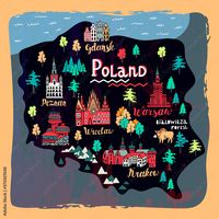 Grafika wektorowa Stock: Illustrated map of Poland. Set of national symbols and elements of architecture and culture | Adobe Stock