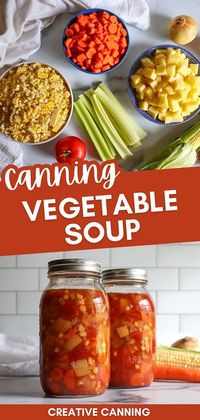 Learn pressure canning vegetable soup with this simple recipe to preserve a comforting, chunky vegetable soup all year. Made with fresh tomatoes, carrots, potatoes, corn, and more, this hearty soup is perfect for when you're feeling under the weather. Find more vegetable soup recipes, vegetable soup for colds, summer vegetable soup recipes, and Pressure Canning Soup Recipes at creativecanning.com.