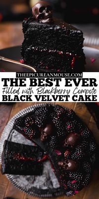 This black velvet halloween cake is perfect for spooky season. Its natural black color comes from using black cocoa powder. There is ZERO food dye in this cake! To compliment the robust chocolate flavor, I pair it with a fruity blackberry compote filling.