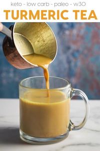 Easy Turmeric Tea (also known as Golden Milk) with its immune boosting properties and includes turmeric, fresh ginger, and ground black pepper, can be made with dairy free milk, easy to make compliant with Paleo, Whole30, Keto and Low Carb diets, a super healthy beverage! www.noshtastic #turmeric #tea #keto #lowcarb