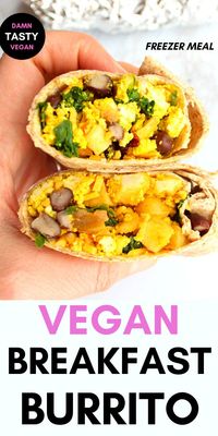 Easy vegan breakfast burrito that you can meal prep and freeze. Have breakfast ready to go all week. Savory vegan tofu scramble, potatoes, black beans and vegan cheese wrapped in a flour tortilla. Savory vegan breakfast recipe idea for when you’re sick of eating oatmeal. Healthy, high in protein and dairy free. Savory vegan breakfast idea when you're sick of eating oatmeal and need a grab and go vegan breakfast. Healthy, high in protein. #veganbreakfast