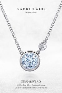 925 Sterling Silver Aquamarine and Diamond Pendant Necklace W Bezel Set NK5241SV5AQ #Gabriel Co #Gabriel Jewelry #Gabriel NYC #Necklace #SilverNecklace #SterlingSilverNecklace #DiamondNecklace #AquamarineNecklace