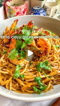 Rafia Mazhar | Easy Recipes | Home Chef on Instagram: "Chilli Oil Prawn Noodles Recipe ⤵️

Everyday Healthy Episode 10 - Chilli Oil Prawn Noodles 🍜 

Garlic Chilli Oil 🌶️
1/4 cup chilli flakes
2 tbsp freshly crushed garlic
2 tbsp freshly crushed ginger 
2 tbsp chopped green onions (green part)
1/8 cup sesame seeds
1 tsp salt
1 tsp sugar
1 tsp Kashmiri Red Chilli Powder

3/4 cup neutral oil
Few coriander seeds, whole cardamom, peppercorns and 1 star anise 
1 bay leaf
Handful green onion bulbs (white part)

• Heat the oil in a pot with the whole spices, bay leaf and green onion bulbs
• Let it infuse for 5 to 10 min on medium heat
• Mix all the remaining ingredients in a jar
• Strain over the hot oil and let it sizzle
• Mix well and seal the lid. Let it cool completely 
• Store at room temp