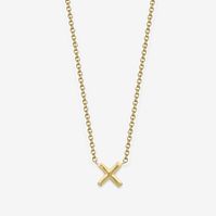 X MARKS THE SPOT WHAT IT IS: A mini X-shaped gold pendant necklace WHY IT'S SPECIAL: It adds an easy X factor to your necklace layers It’s the kiss your neck needs GOOD TO KNOW: 18k goldX measures approx. 4mm16” 14k gold chain.