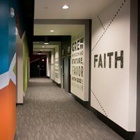 Fairfax Church in Fairfax, VA designed by Equip Studio and Kristin Butler (interiors). Photo of kids ministry corridor.