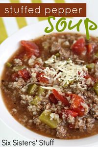 STUFFED PEPPER SOUP. Six Sisters' Stuff. 2# lean ground beef, 8 c beef broth, 2-14oz cans diced tomatoes, 2 c cooked rice, 2 chopped green bell peppers, 1 diced onion, 2 cloves minced garlic, 1/4 c brown sugar, 2 tsp salt, 1 tsp pepper, 1 tbs Worchestershire sauce. Brown meat with onion & garlic. Add rest of stuff. Bring to boil & then let simmer 45 minutes.