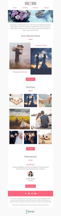 Stripo is an all-in-one email design platform. Create professional and responsive emails fast with no HTML skills. Explore our Email Templates to find just the right look for you. #wedding #stripoemaildesign #emailnewslettertemplate #emailtemplates #emaildesign #emailmarketingdesign #creativenewsletterdesign #mailchimp #freeemailtemplates #htmlemaildesign #emailmarketing