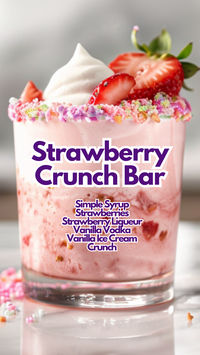 The Strawberry Crunch Bar is a decadent and creamy cocktail that combines the delightful flavors of strawberries and vanilla ice cream, topped with a crunchy garnish. This dessert-like drink is perfect for satisfying your sweet tooth in a fun and indulgent way. #strawberrycrunchbar