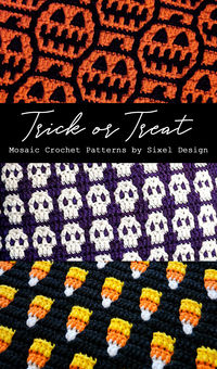 The Trick or Treat 3 pack includes:  - Mini Skulls, with pillow and hand-warmer fingerless gloves instructions - Candy Corn, with bag and drink cozy instructions - Jack, with pillow instructions  All three patterns can be used to create a variety of crochet projects, from pillows, to scarves, blankets, bags, hats, sweaters and more.  #mosaiccrochet #crochetpattern #halloweencrochet #spookyseason #pumpkincrochet #skullcrochet #sixeldesign